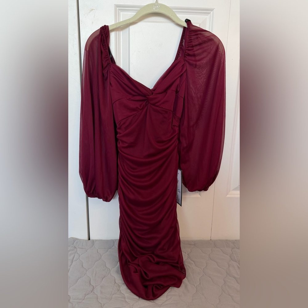 B Darlin Burgundy Long-Sleeve Ruched Midi Dress
